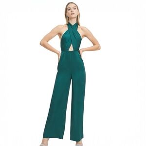 [NWT] Olia Hunter Green Satin Criss Cross Halter Neck Jumpsuit Size L